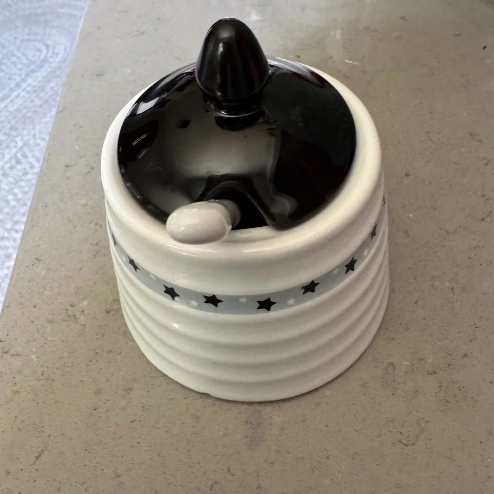 White Ceramic jam, jelly, honey Jars with navy Lids & serving spoons.. set of 3